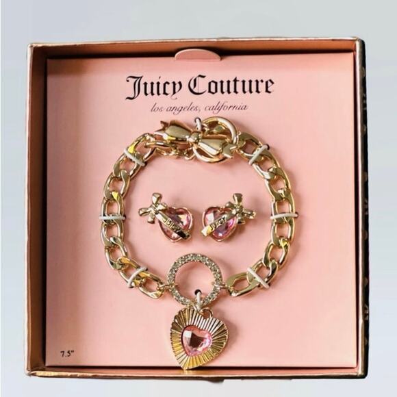 Juicy Couture Gold & Pink Bracelet & Earrings Set- NIB! - Picture 1 of 5